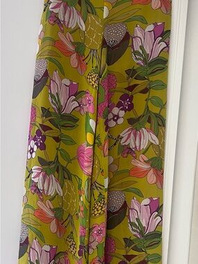 Trina Turk Olive Green Floral Wide-Leg Pants with Pink & Orange Accents